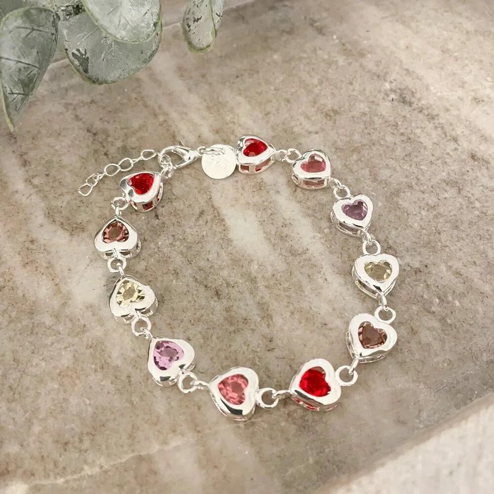 925 Sterling Silver Colorful Gems Heart Charm Bracelet Dainty Heart Bracelet - Picture 2 of 6
